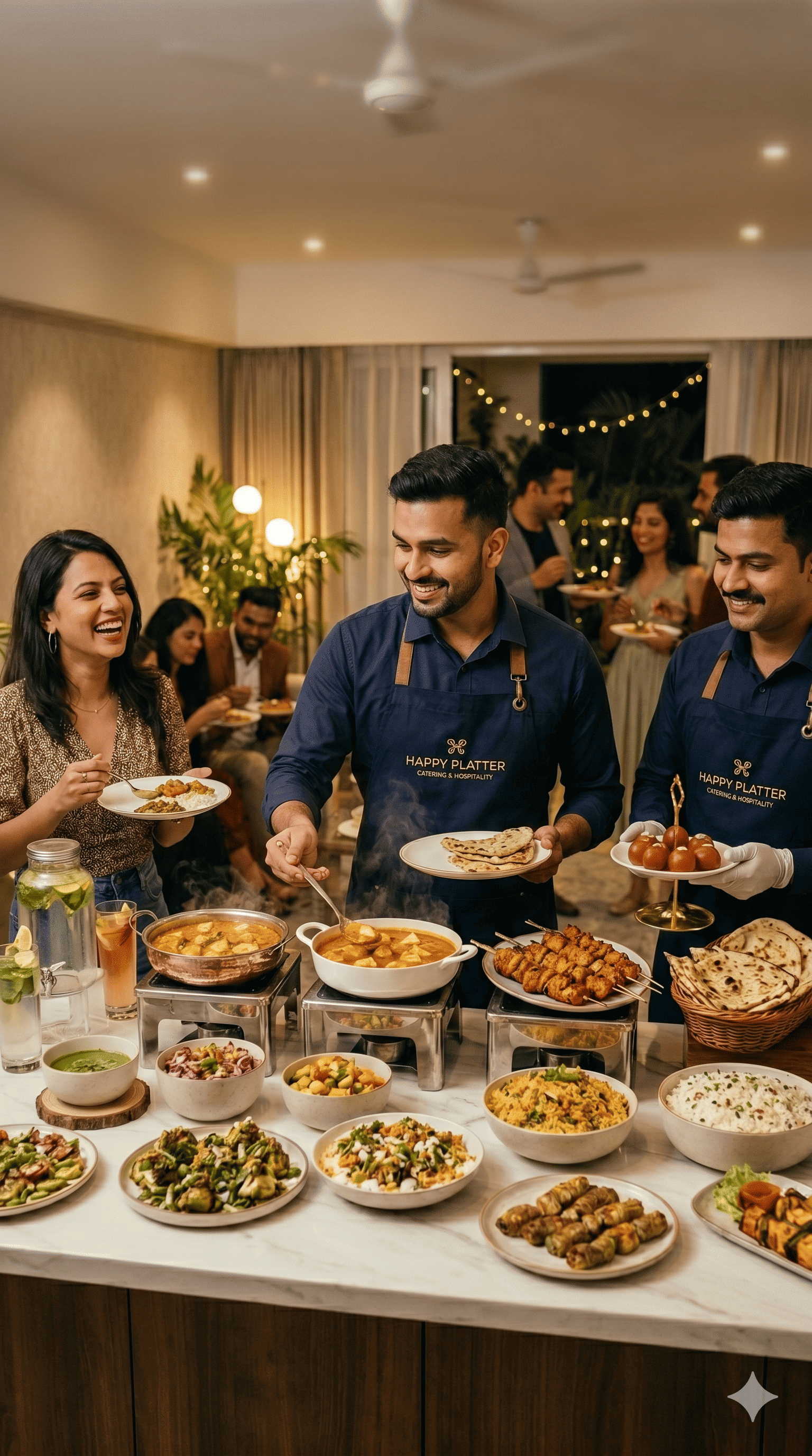 Indian catering spread with biryani and curries